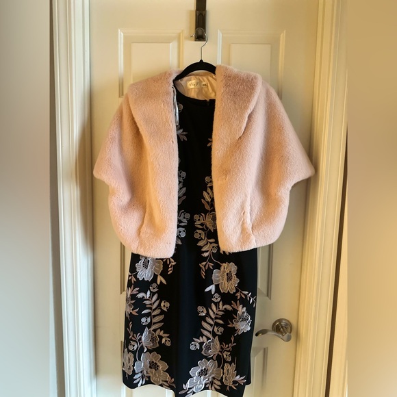 Black dress with embroidered design. Pink shrug with pockets by Azure included - Picture 1 of 4